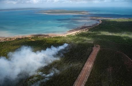 Aerial shot of Gawa airtrip and brush fire