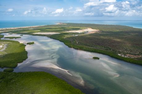Aerial image of sea and river estuary